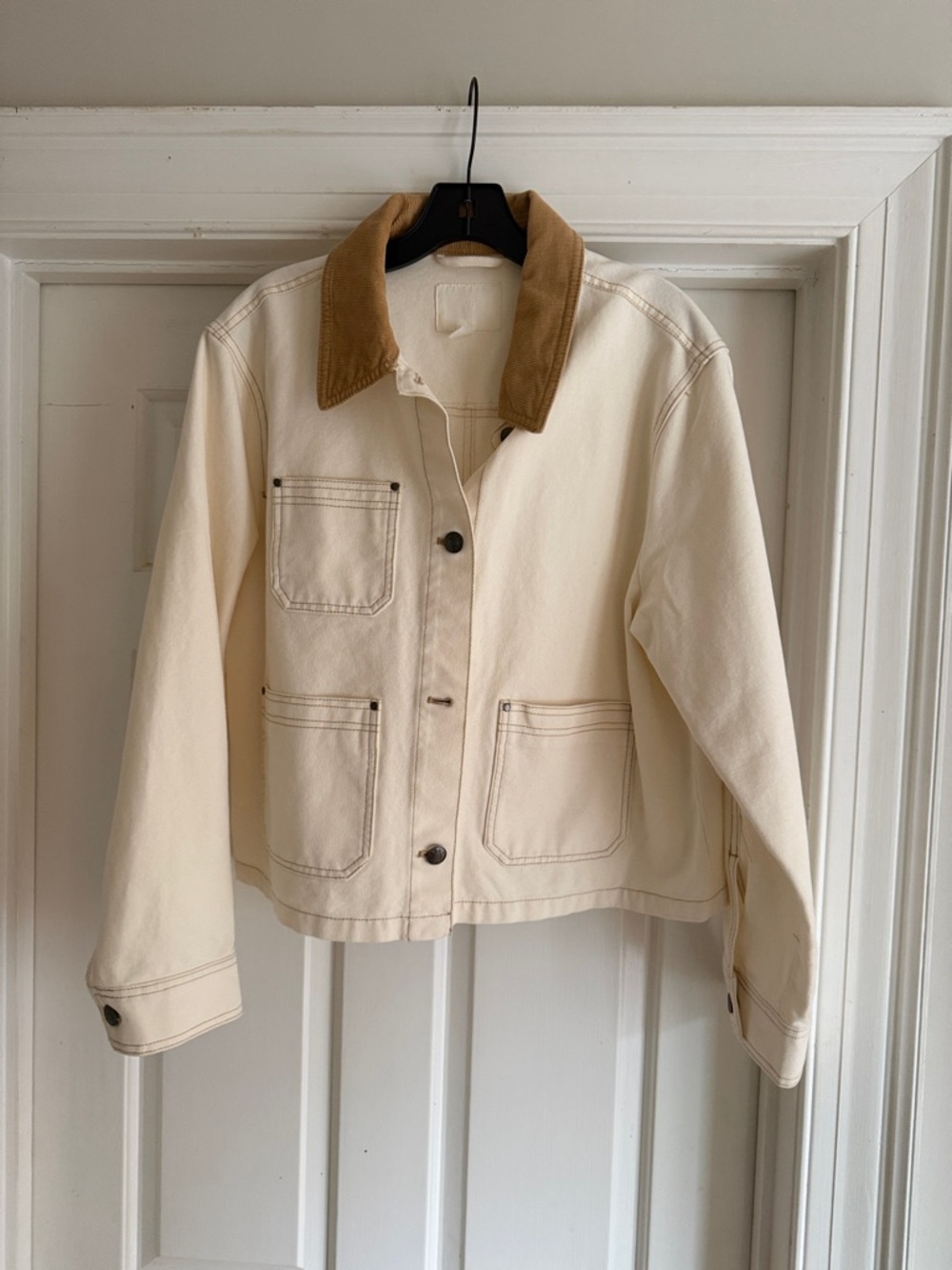 H&M Cream Canvas Jacket with Tan Corduroy Collar Size M